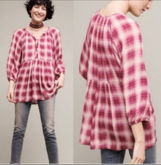 Anthropologie Tops - ANTHROPOLOGIE Maeve Calavon Plaid Peplum Tunic Top Size XL